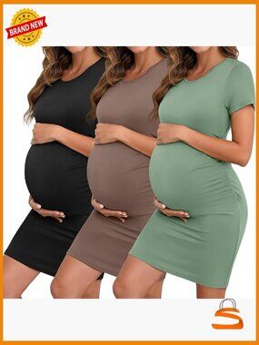 3 Pack Maternity Dresses Short Sleeve Side Ruched Crew Neck Knee Length